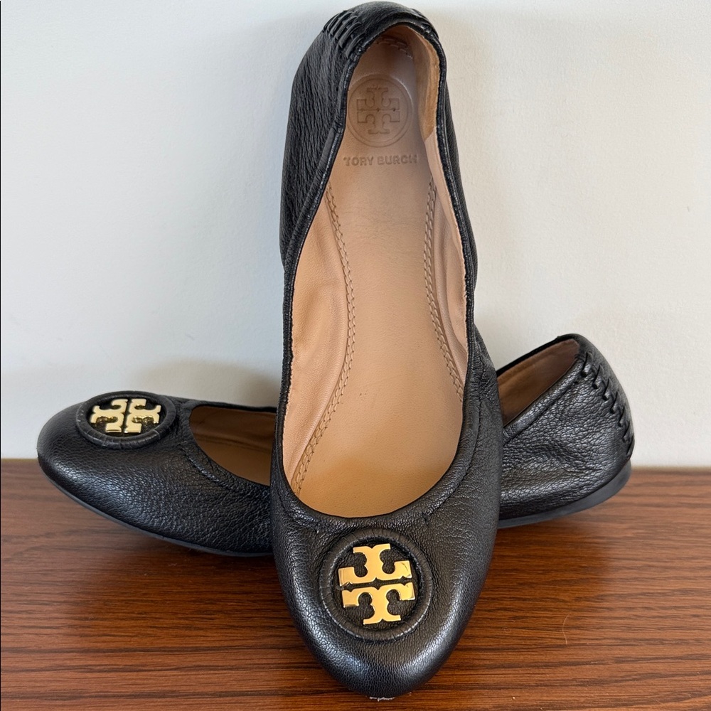 Tory Burch Black Leather Flats with Gold Logo